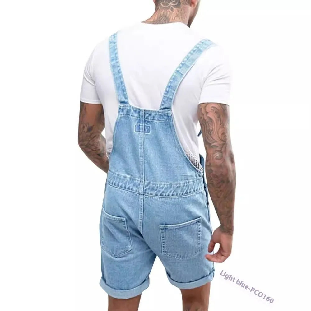 Men's grey denim suspender pants with a zip fly and straight-leg cut on a hanger.