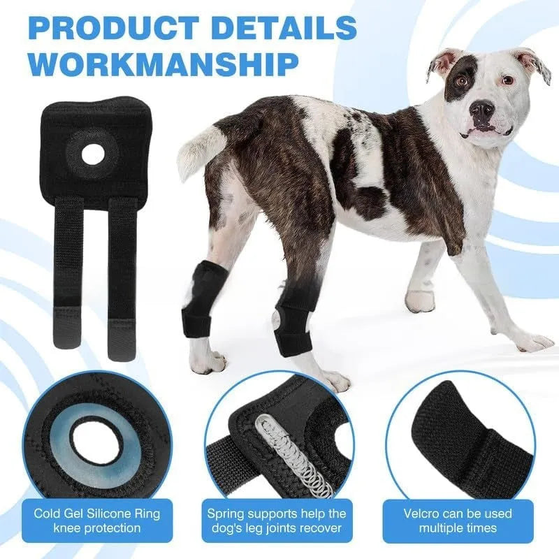 Black adjustable polyester pet leg guard for joint support and injury protection.