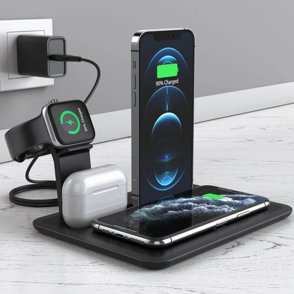 Black desktop wireless charging station with phone on pad and ports for watch and headphones.
