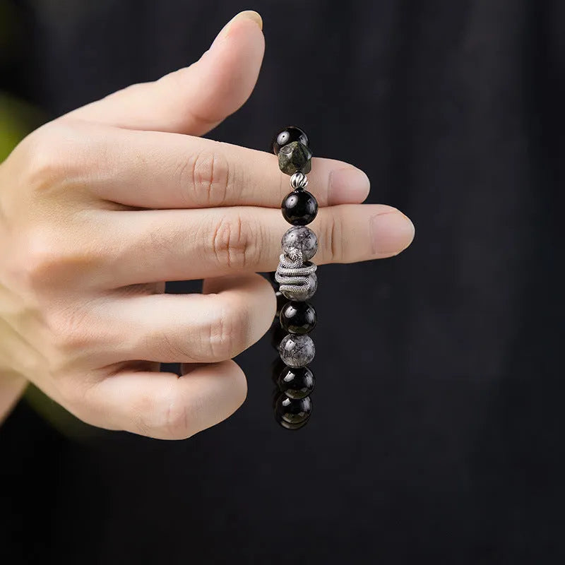 Men's S925 sterling silver bracelet with obsidian black crystal and retro snake design