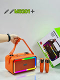 M3201 portable Bluetooth speaker in black, dark brown, or orange red with two microphones.