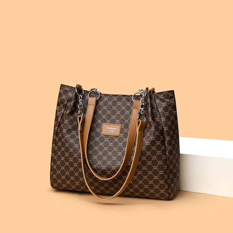 Women's brown PU leather retro fashion handbag with polyester lining