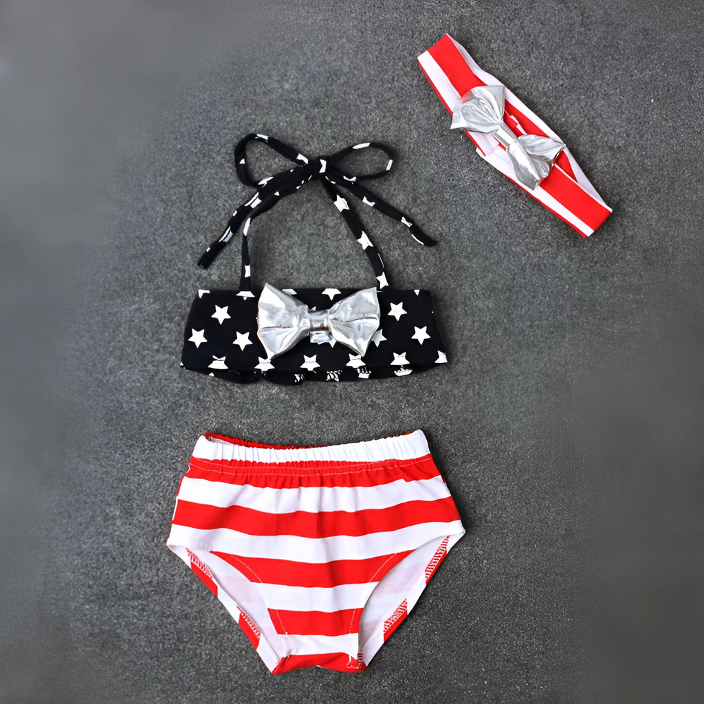 Girls' XINGX bowknot three-piece swimsuit in milk silk and polyester, colour CC00734, sizes 90-130 yards