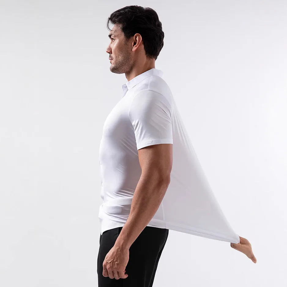 Men's four-side elastic short sleeve shirt in cardigan style with non-ironing anti-wrinkle fabric