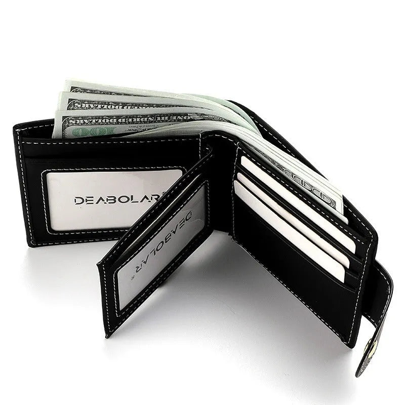 Black men's short wallet with animal pattern design showing multiple card slots and zipper closure
