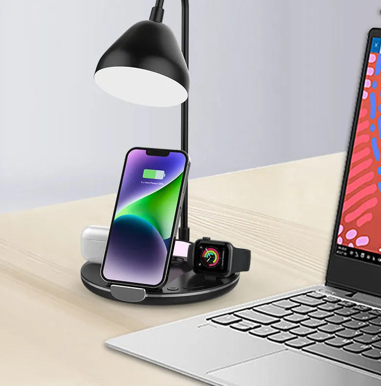 Black magnetic folding wireless charger stand showing adjustable angles for device viewing while charging