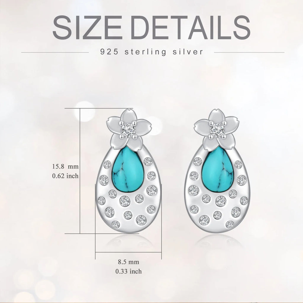 Turquoise cherry blossom 925 sterling silver stud earrings with cubic zirconia, white gold plated