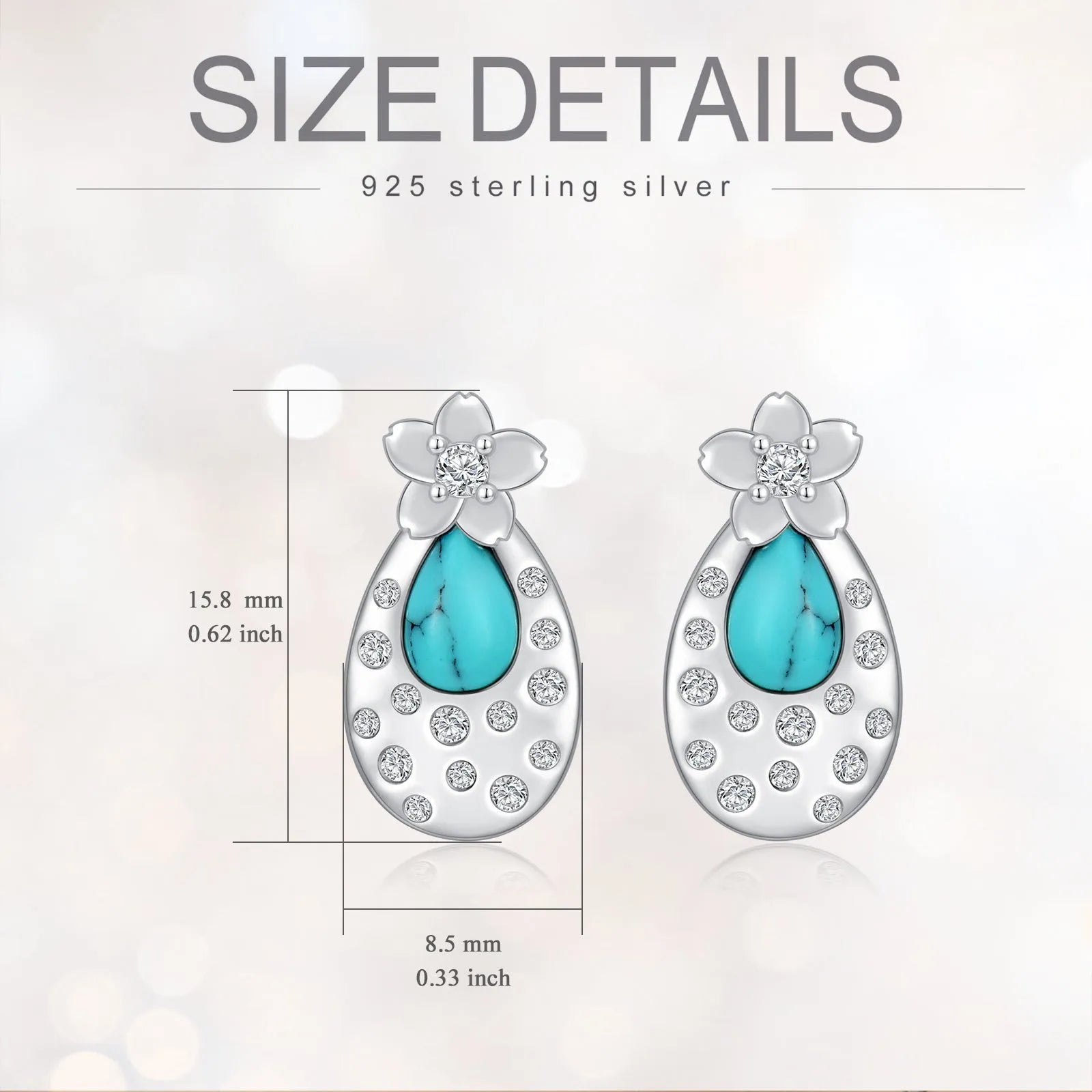 Turquoise cherry blossom 925 sterling silver stud earrings with cubic zirconia, white gold plated