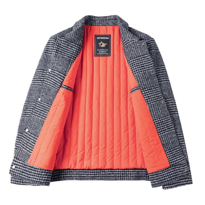 Autumn men's casual check lapel jacket in gray, loose fit with welt pocket, front view