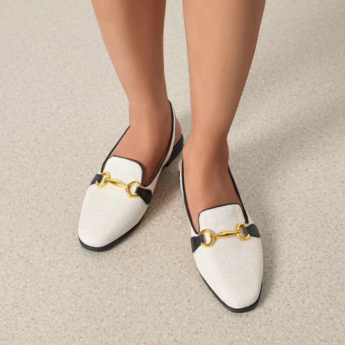 Women's closed toe chunky heel half slippers with linen upper and rubber sole in black and brown sizes 35-41