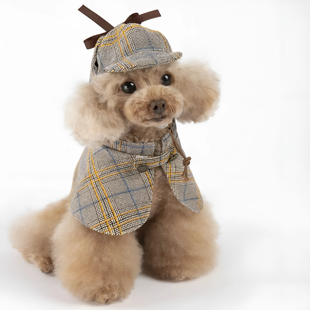 Camel coloured cotton pet cloak with an adjustable hat for a dog, showing the cloak design.
