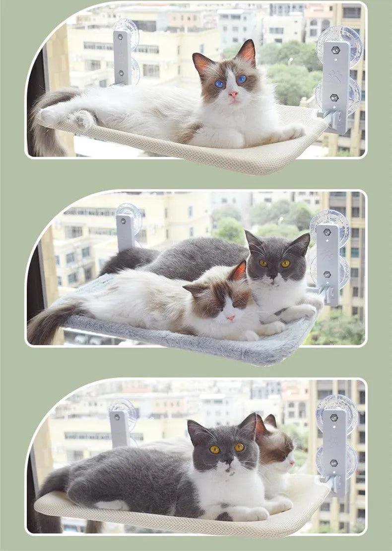 Cat suction cup window hammock with plush fabric, steel frame, available in Beige and Grey in two sizes