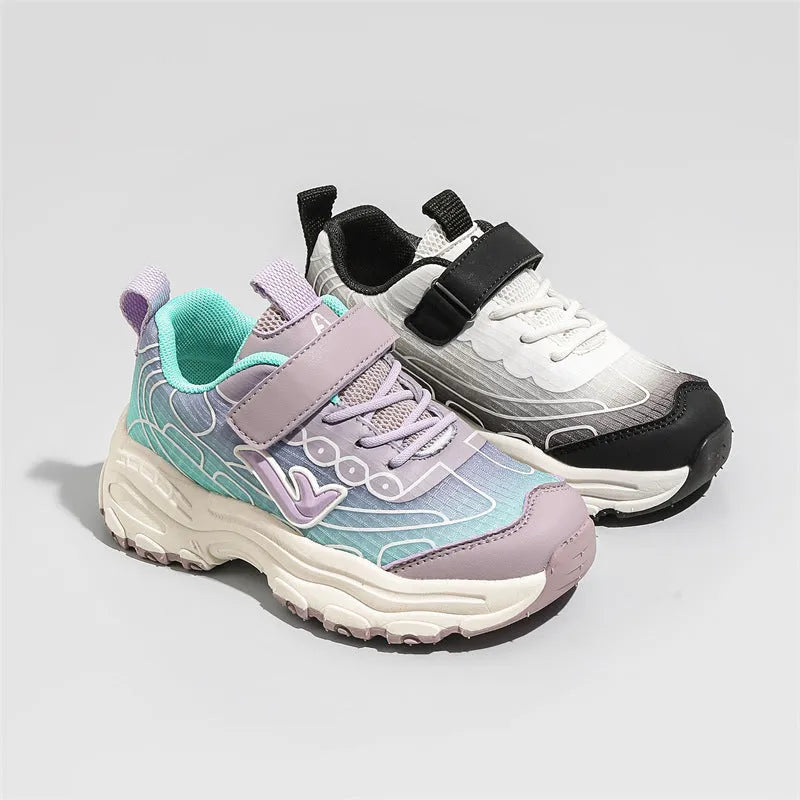 Children's black and purple casual dad shoes with striped pattern, mesh uppers, and rubber soles