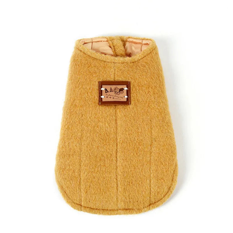 Small dog wearing cotton Korean cashmere vest in blue colour, showing front and side views of the autumn winter coat.