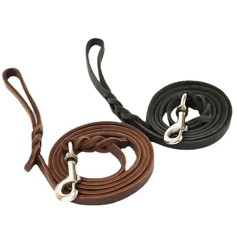 Leather dog walking rope in light brown colour with measurements showing 1.2cm width