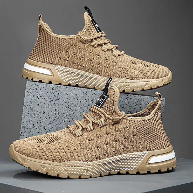 Men's solid colour casual shoes with a mesh upper in Army Green, shown from the side.
