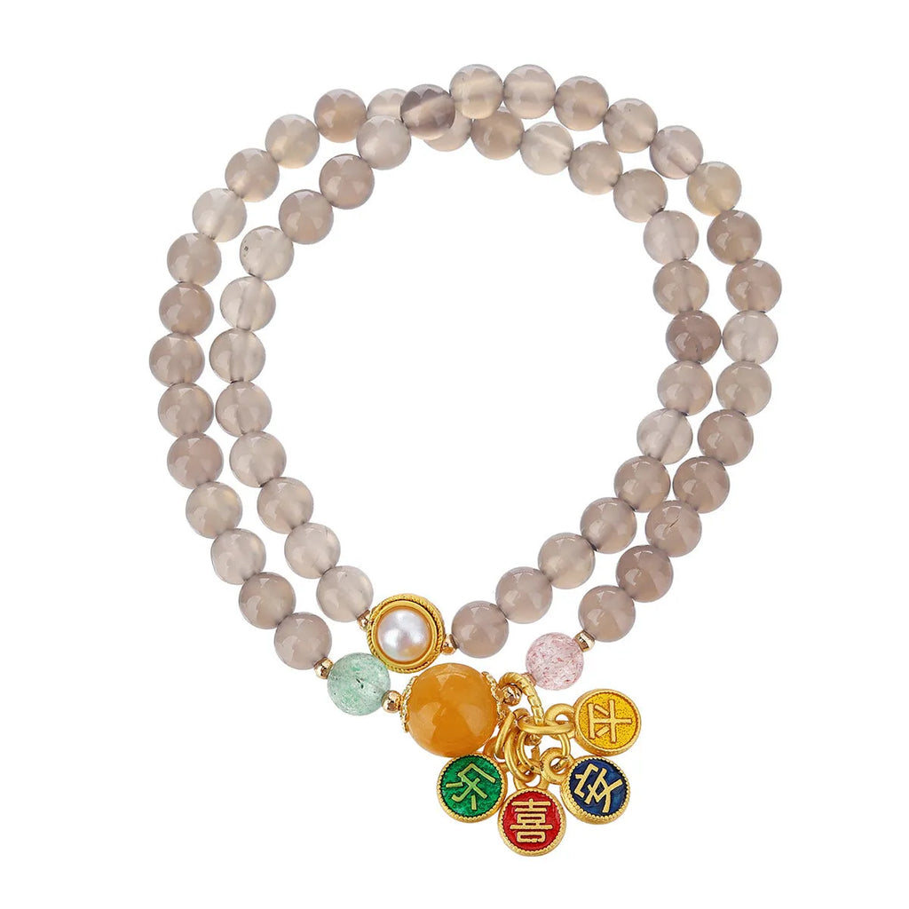Natural gray agate bracelet with two-circle design and retro styling for women