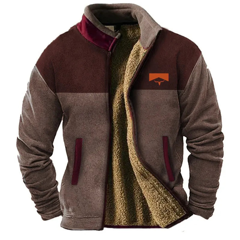 Men's green polyester fleece padded coat on a hanger, regular length.
