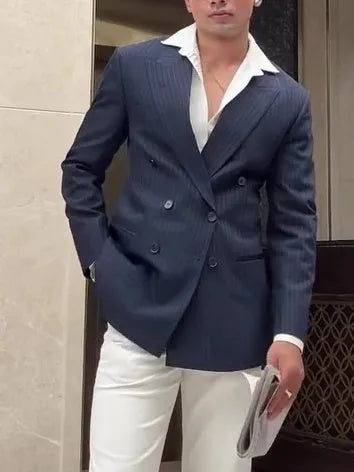 Men's classic stripe double breasted blazer jacket with regular fit and polyester construction