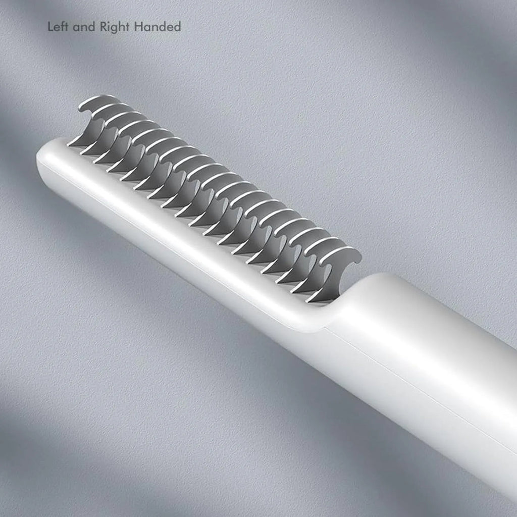 Pink and white stainless steel dog dematting comb with ergonomic handle for removing hair knots and mats.