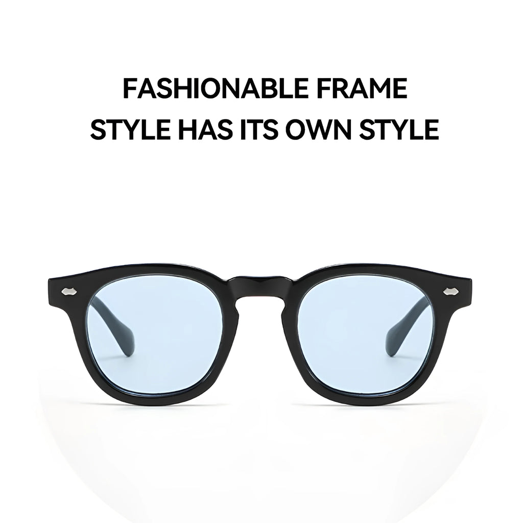 Round rim retro sunglasses with plastic frame and tinted UV400 lenses on a solid background.