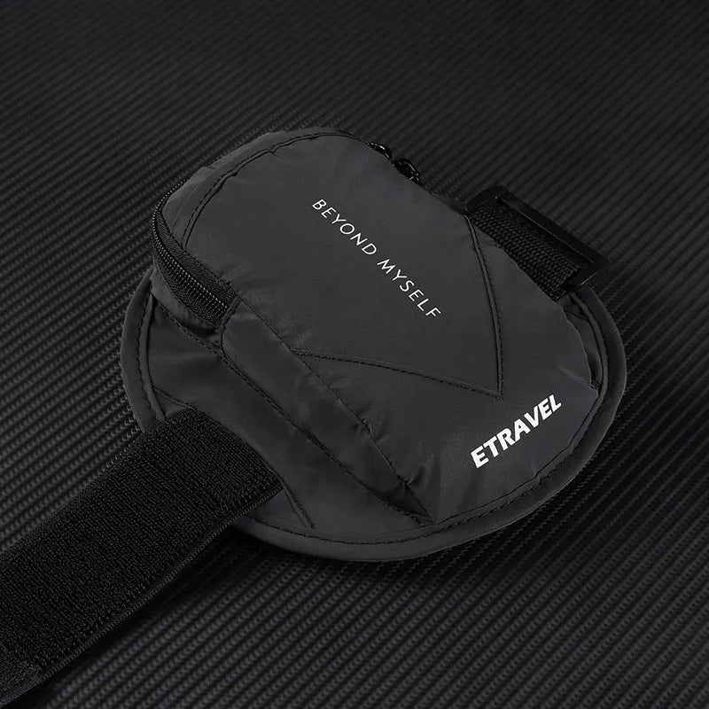 Black reflective running arm bag with adjustable strap, shown holding a smartphone, for outdoor sports safety.