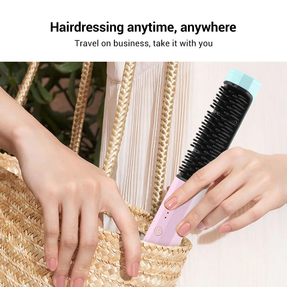 Pink cordless rechargeable straightening comb for hair with USB charging cable