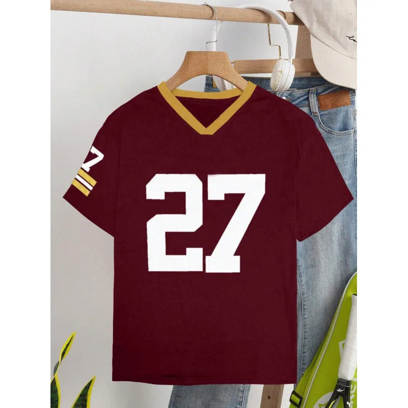 Red loose-fit cotton t-shirt with digital letter print and short sleeves laid flat.