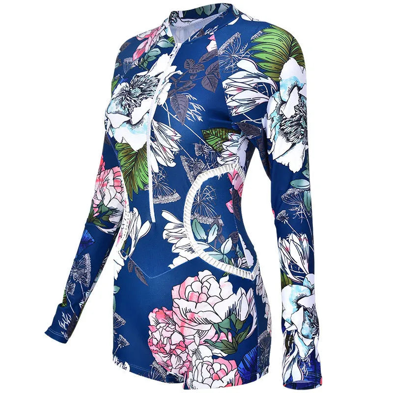One-piece boxer swimsuit diving suit in nylon with printing pattern in blue or yellow colours