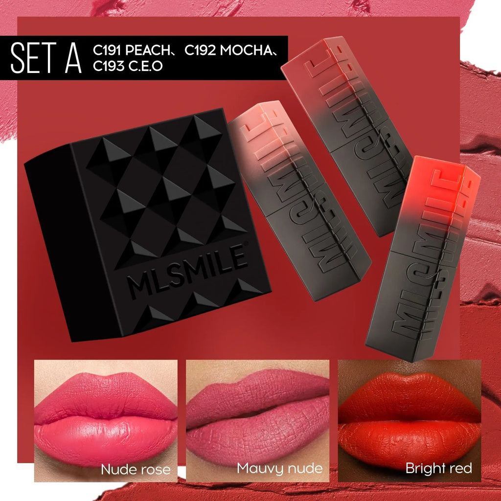 MLSMILE embossed lipstick trio set showing three lipsticks in a compact 7.7cm x 6.8cm case.