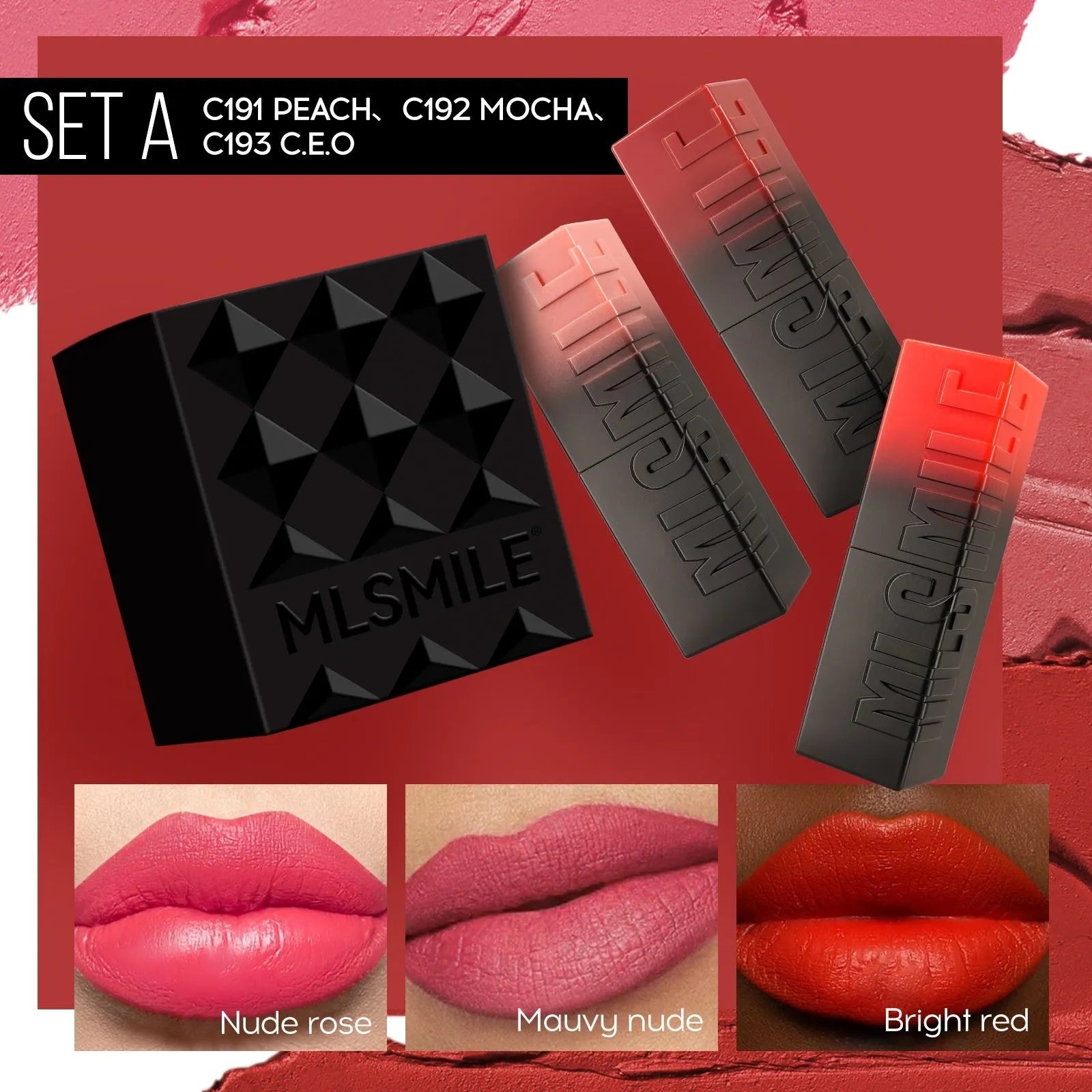 MLSMILE embossed lipstick trio set showing three lipsticks in a compact 7.7cm x 6.8cm case.