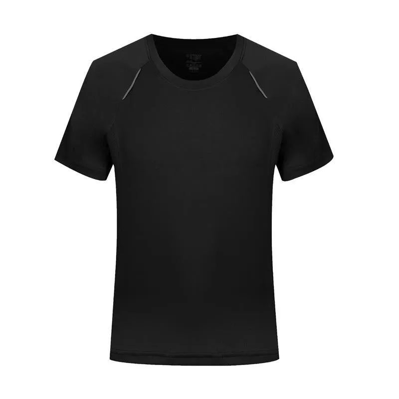 Men's slim fit quick-dry t-shirt in solid colours on a hanger, showing round neck and short sleeve design.