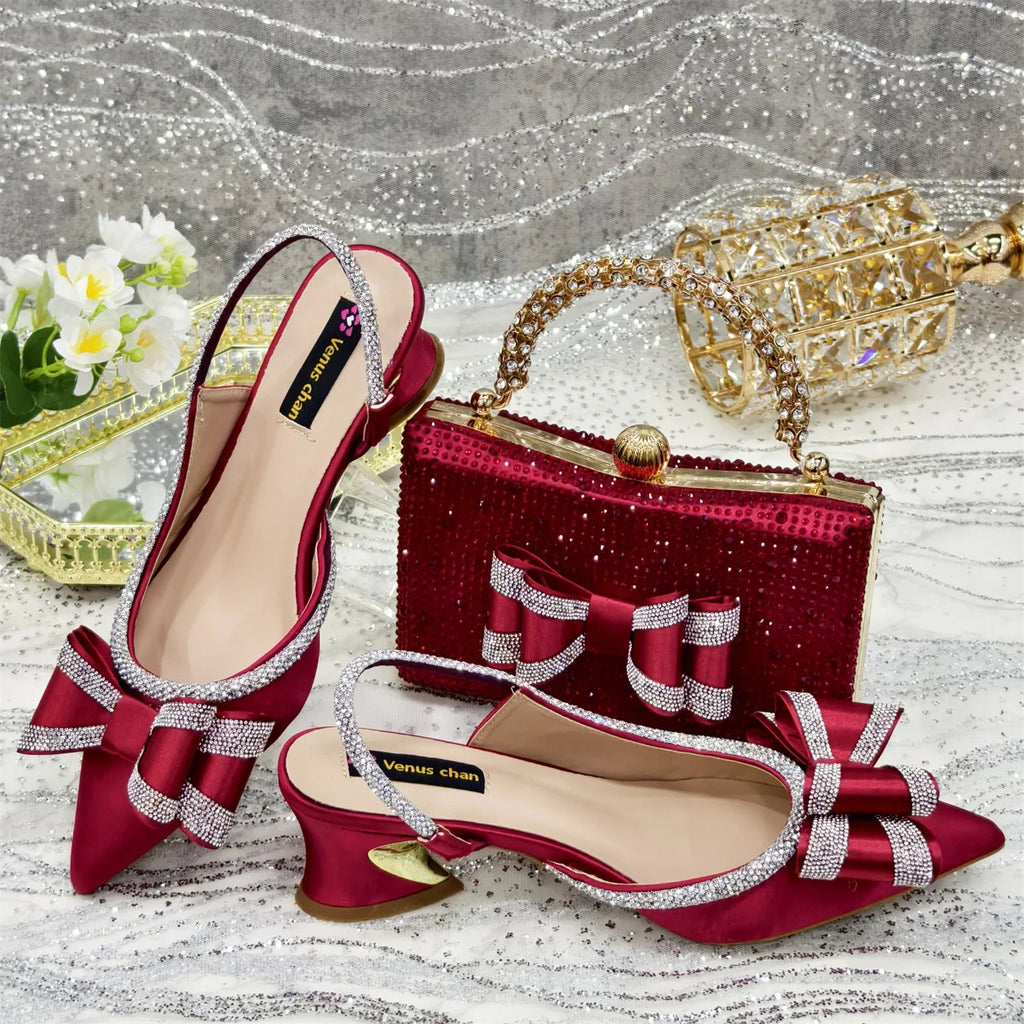 Women's pointed toe sandals with rhinestone buckle and matching square clutch bag set.
