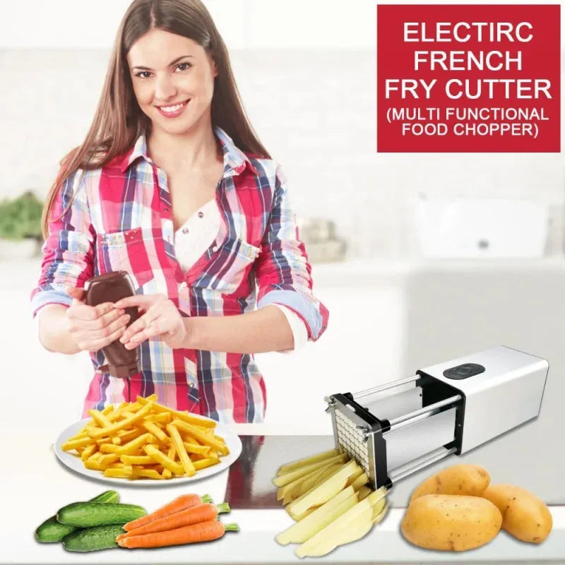 Black electric French fry cutter machine with stainless steel blades on a kitchen counter.