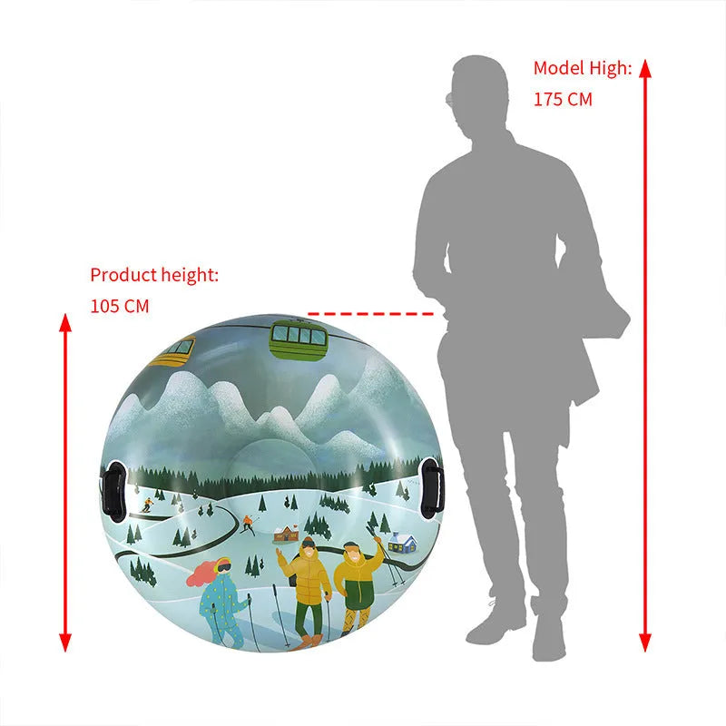 A colourful printed PVC plastic ski ring toy on a winter background.