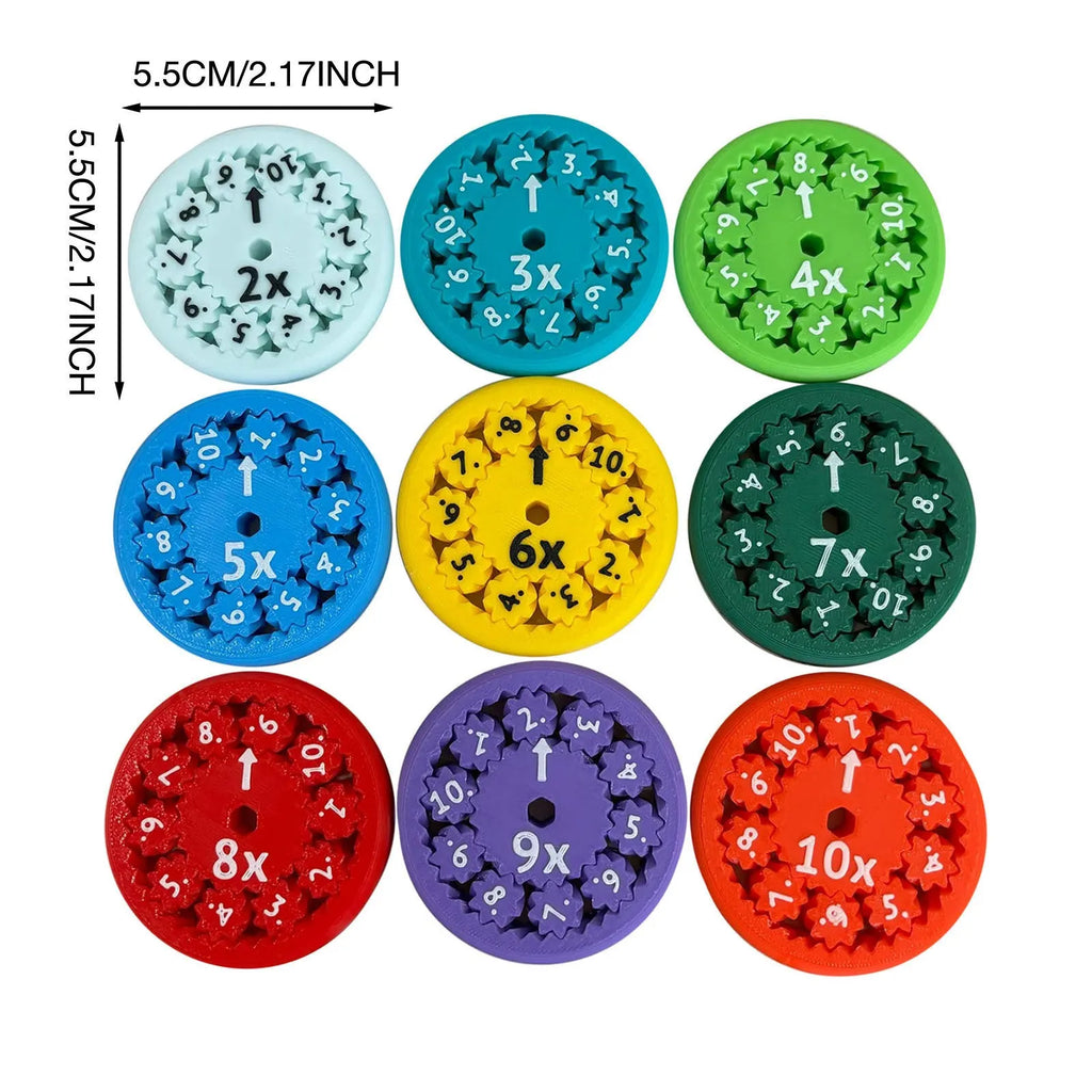 Nine plastic math fidget spinners in two colour sets for addition subtraction and multiplication division