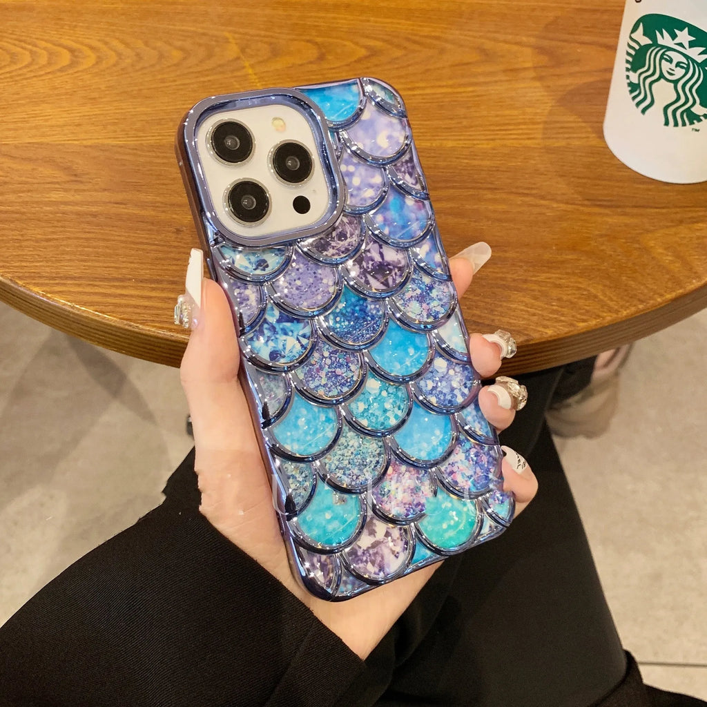 Mermaid scale TPU phone case with electroplated finish for iPhone 11 to 15 series