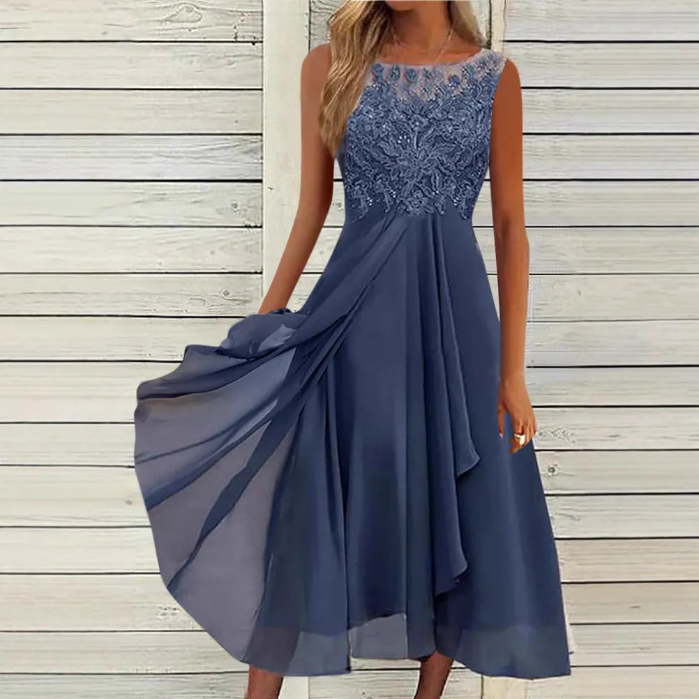 Women's sleeveless mid-length chiffon dress with lace stitching in blue, green, or purple.
