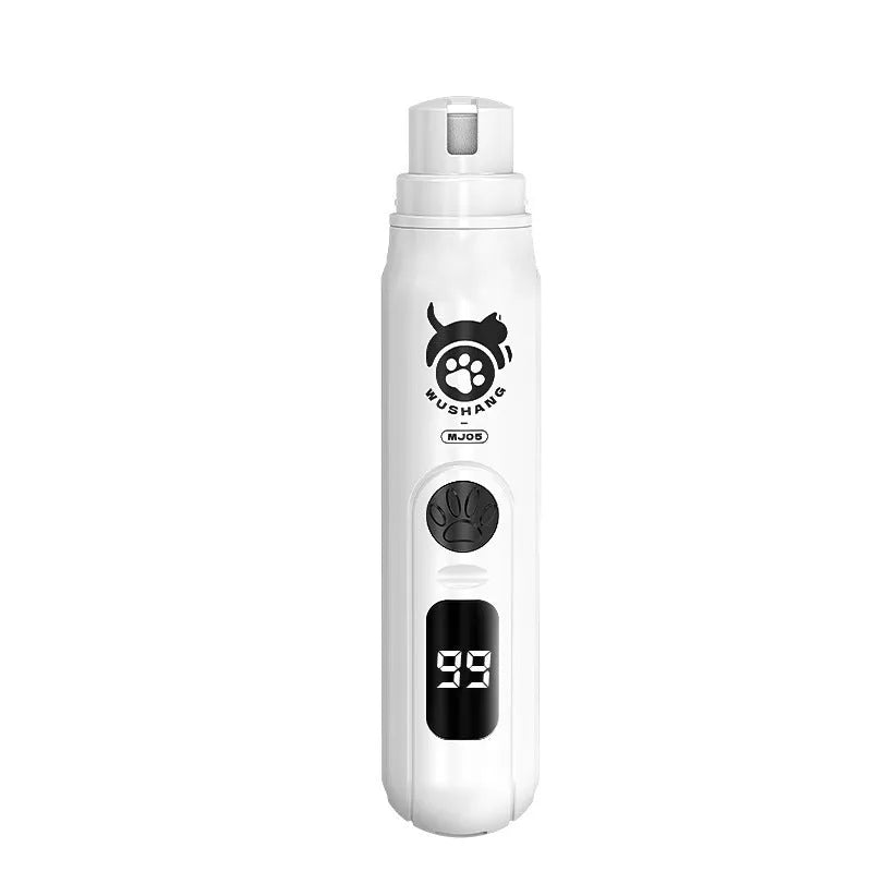 White plastic electric pet nail grinder with 3-speed adjustment and power display, plus charging cable