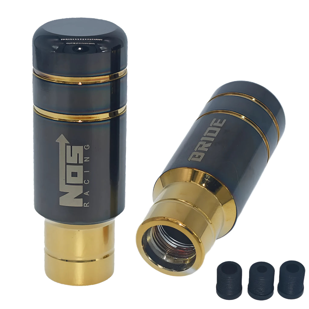 Roasted blue stainless steel car gear shift head with three black rubber installation sleeves