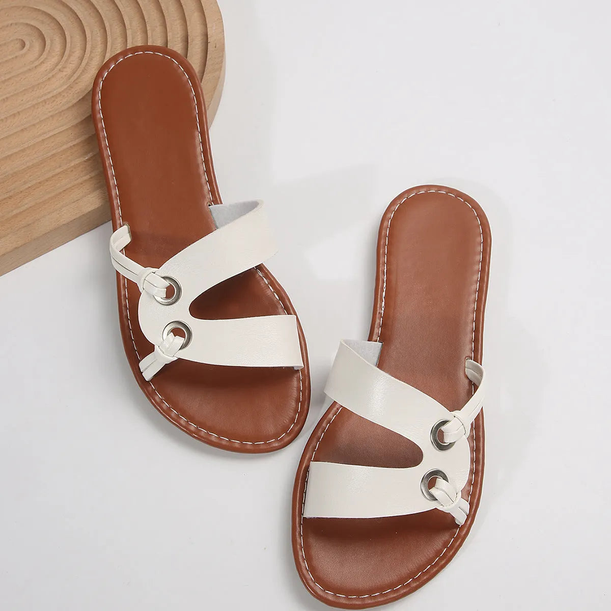 Women's round toe flat sandals with PU upper, rubber non-slip sole, in black light brown white, sizes 36-43