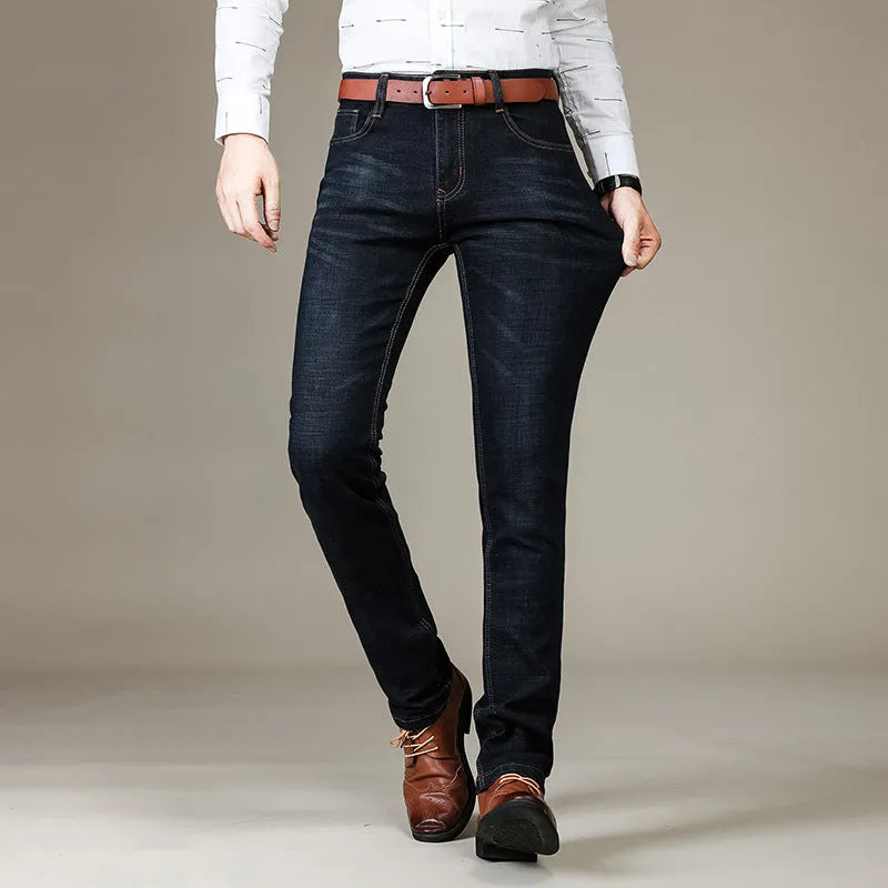 Men's black stretch slim straight business casual jeans in cotton denim