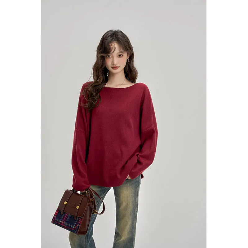 Oblique shoulder soft knit top for women in oatmeal colour with collarbone reveal detail