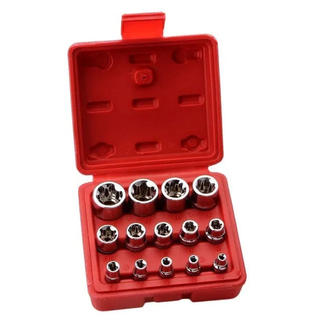 Red toolbox open showing 14 chrome vanadium steel E-type sockets for auto and mechanical repair