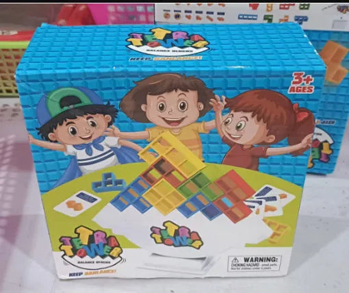 Balance stacking game set with plastic building blocks and wooden chassis