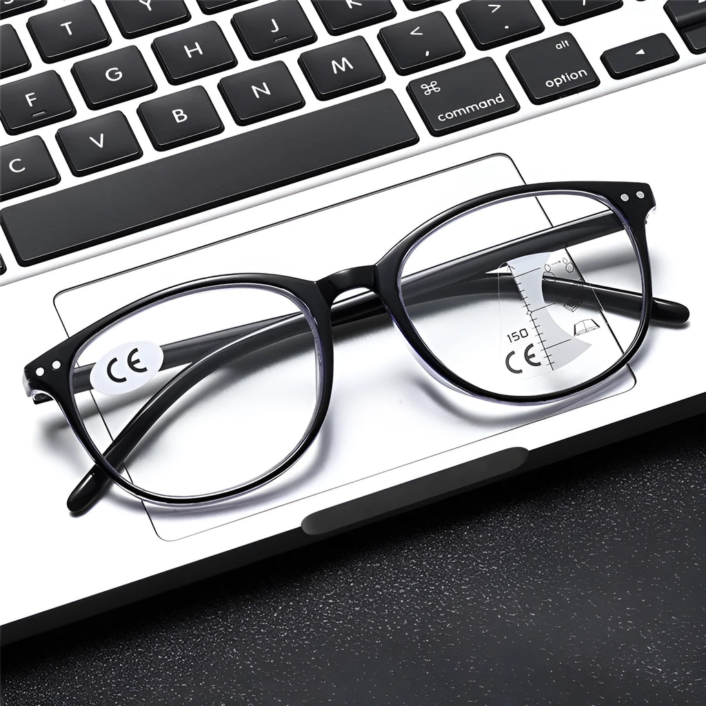 Women's ultra-light presbyopic glasses with multi-focus lenses in a choice of frame colours.