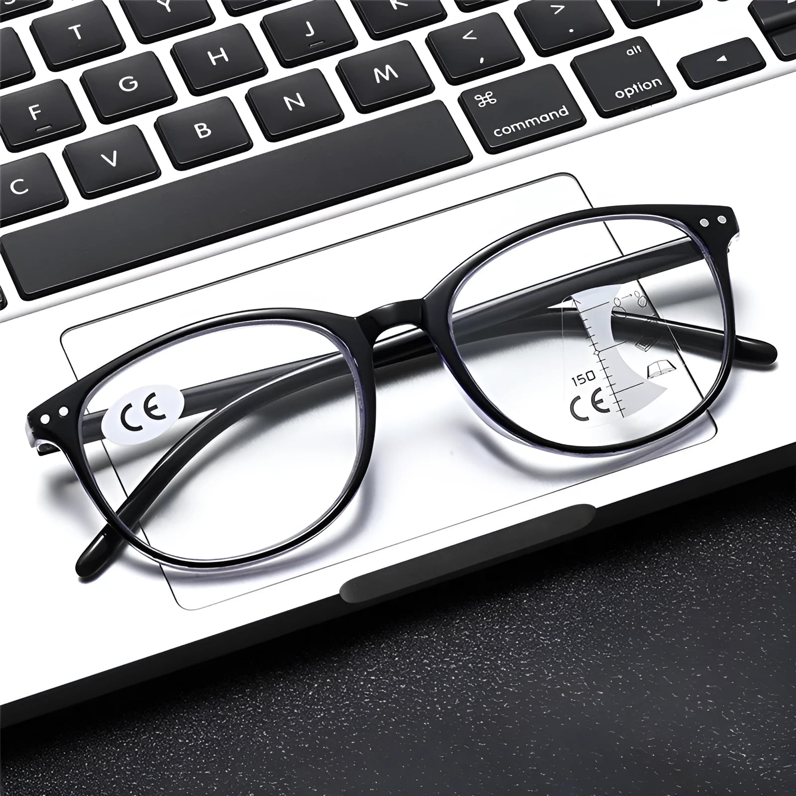 Women's ultra-light presbyopic glasses with multi-focus lenses in a choice of frame colours.