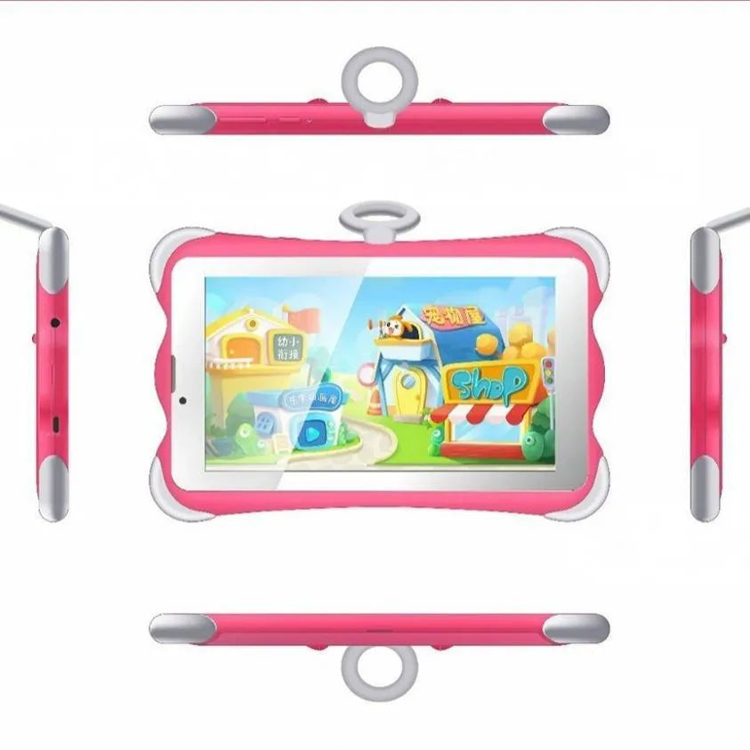 Cartoon green children's 7-inch learning tablet displayed on its included stand