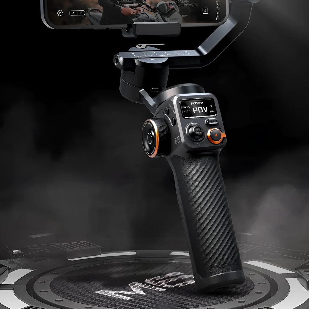 Black three-axis smartphone gimbal stabiliser with magnetic AI fill light attached and tripod extended