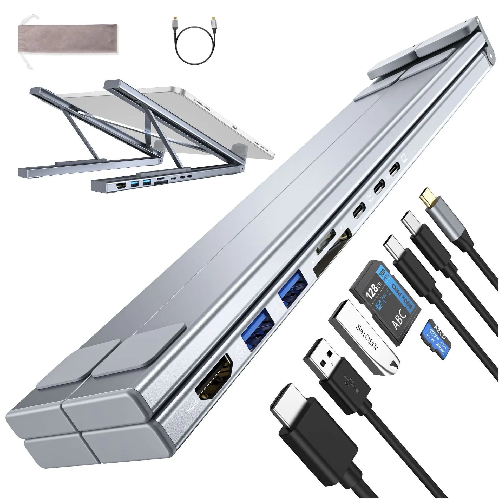 Folding aluminium laptop stand with integrated multi-port USB and HDMI docking station.